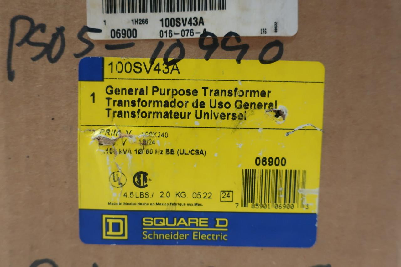 SQUARE D 100SV43A Voltage Transformer 1PH 0.100KVA 120/240V-AC 12/24V-AC 