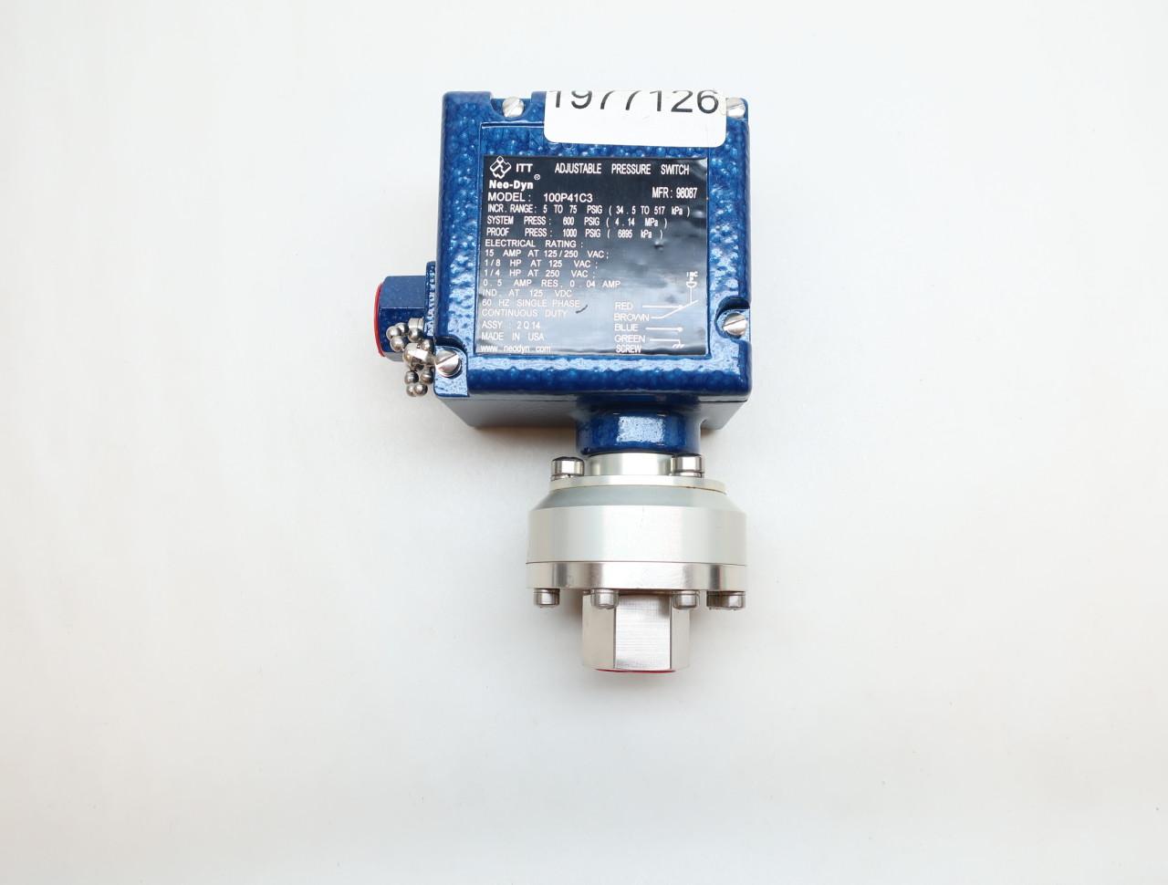 Neo-Dyn 100P41C5M Adjustable Pressure SPDT Switch Hazardous Area 3-75 PSI