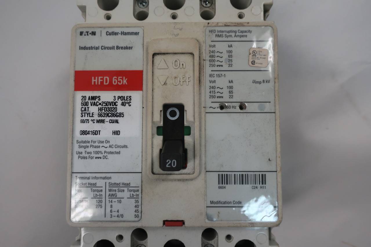 Cutler Hammer HFD3020 Molded Case Circuit Breaker 3p 20a Amp 600v-ac