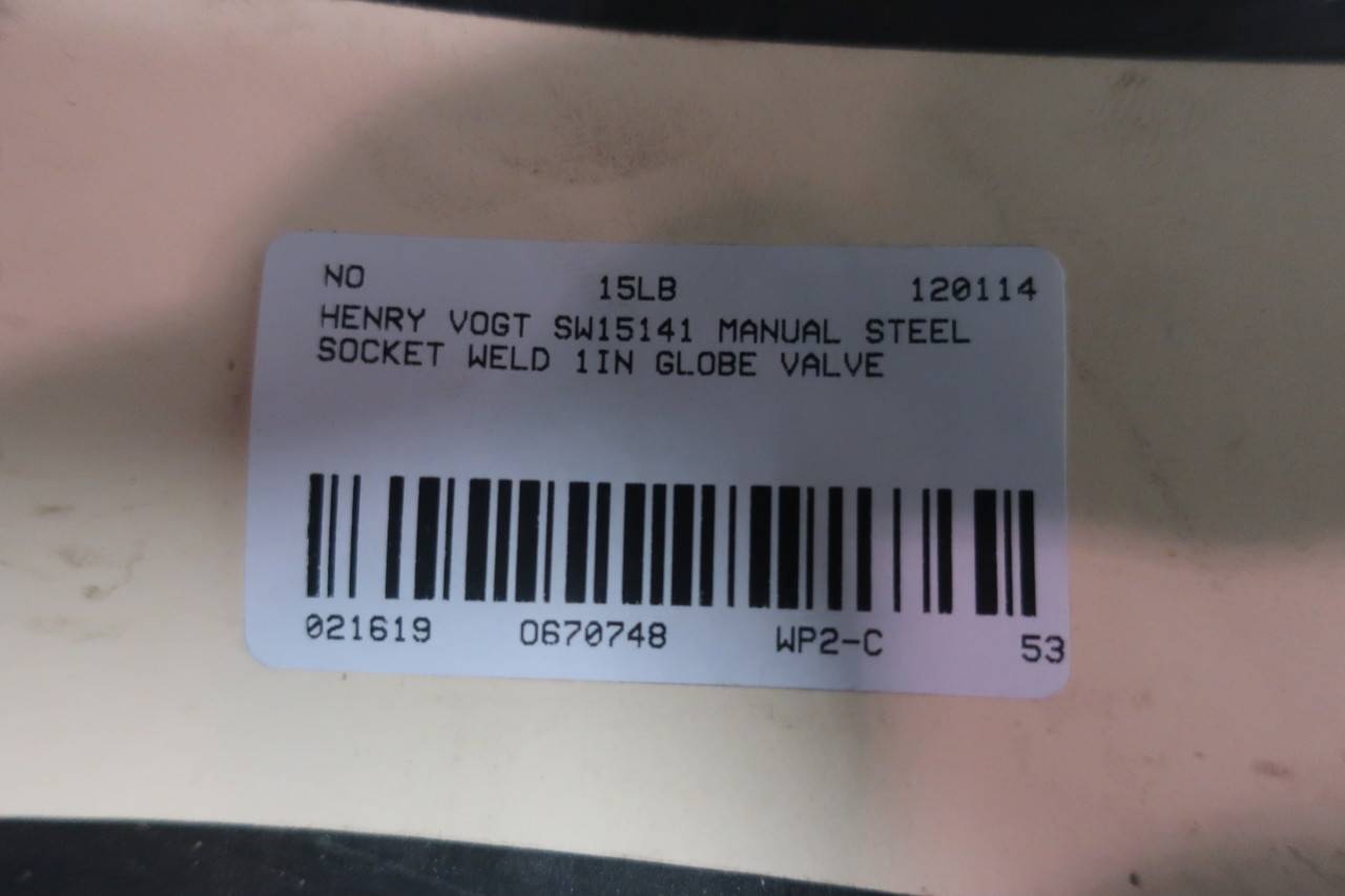 HENRY VOGT SW15141 Manual Steel Socket Weld Globe Valve 1IN 1500 HENRY VOGT SW15141 Manual Steel Socket Weld Globe Valve 1IN 1500
