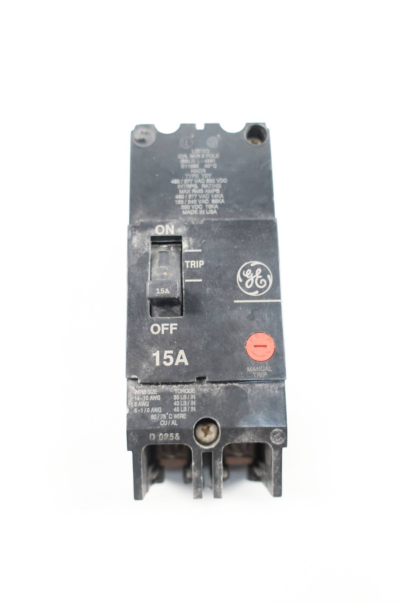 General Electric GE Molded CASE Circuit Breaker TEY215 2P 15A 277/480VAC 250VDC General Electric GE Molded CASE Circuit Breaker TEY215 2P 15A 277/480VAC 250VDC