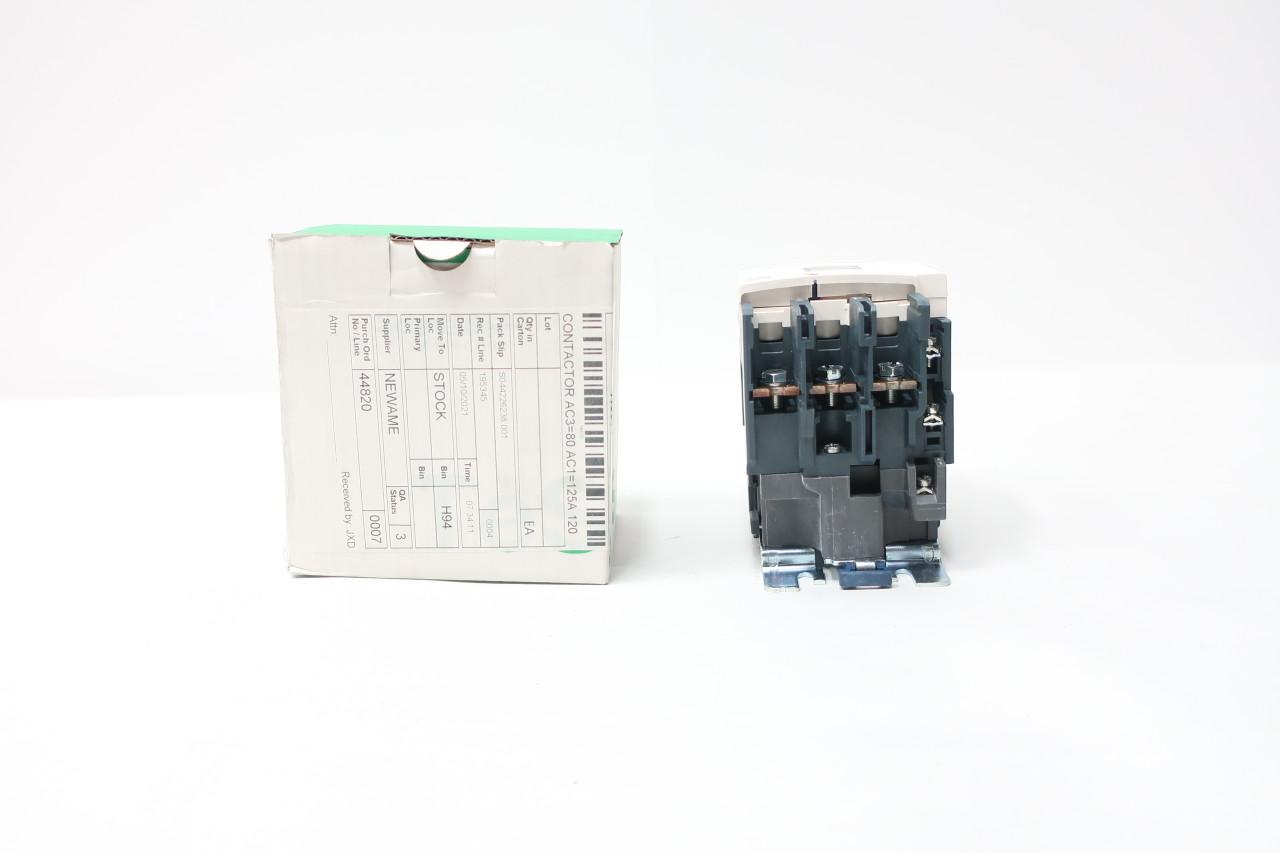 Schneider Electric LC1D806G7 IEC contactor, TeSys Deca, nonreversing, 80A, 60HP at 480VAC, 3 phase, 3 pole, 3 NO, 120VAC 50/60Hz coil, open style — Contactors & Relays