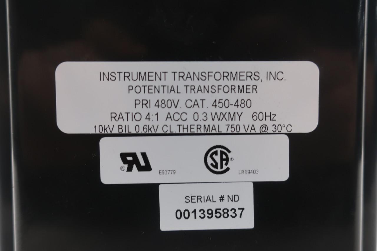 INSTRUMENT TRANSFORMERS POTENTIAL TRANSFORMER # 450-480 PRI 480V RATIO 4:1 