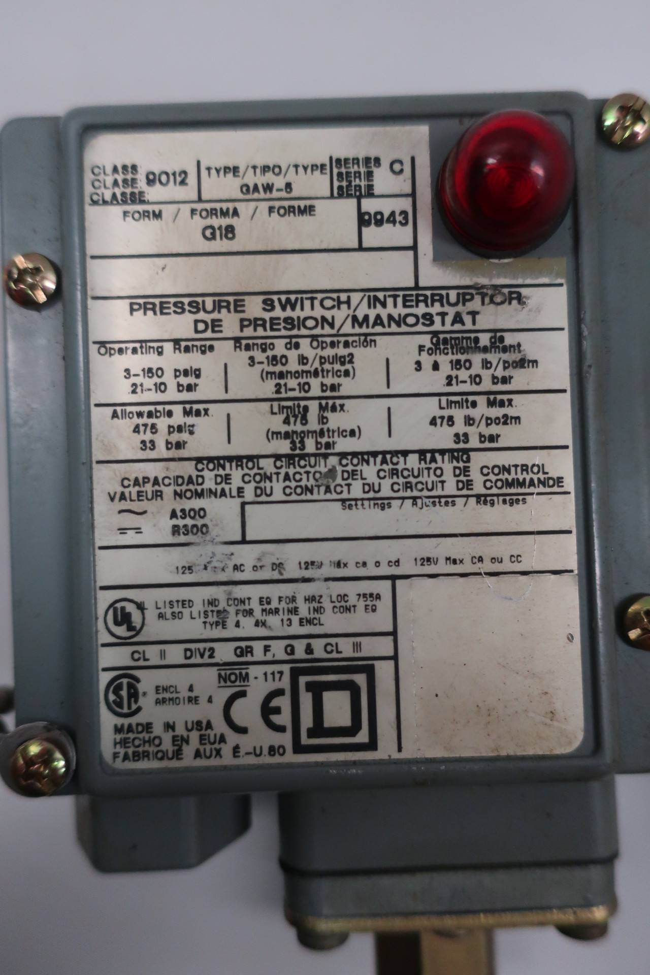 Square D 9012 Gaw 5 Pressure Switch 1 4in 3 150psi 125v Ac