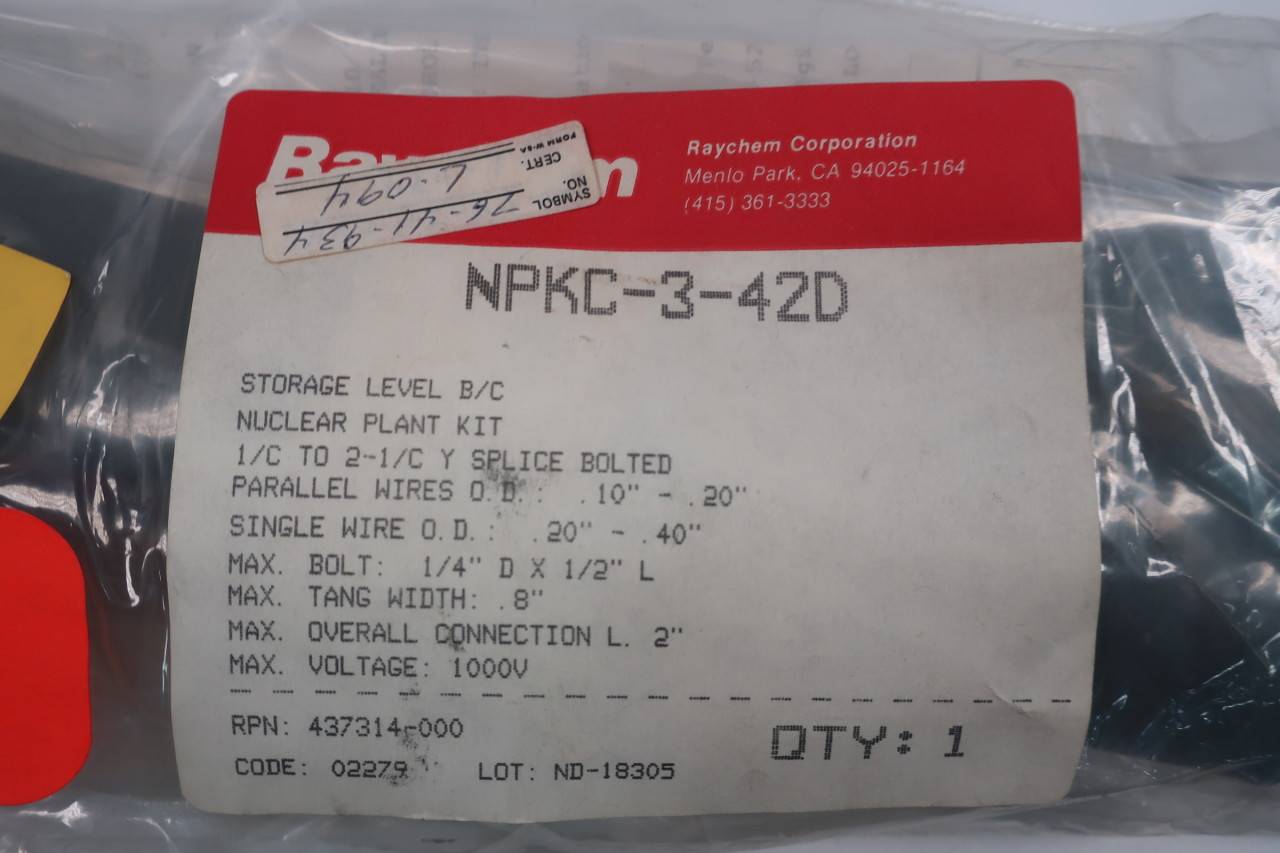 Raychem NPKC-3-42D Nuclear Plant Kit 1/c To 2-1/c Y Splice Bolted