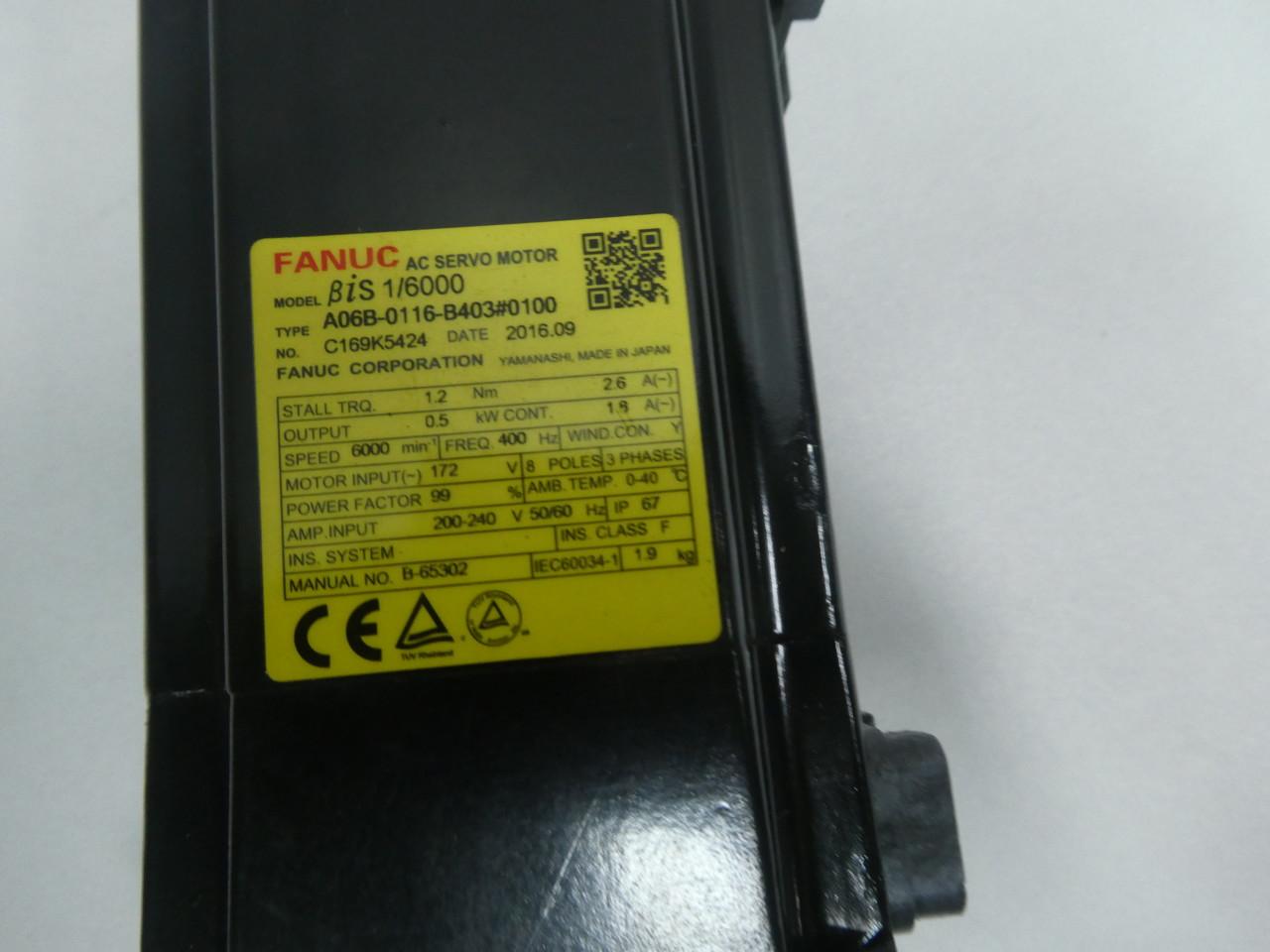 FANUC A06B-0116-B403#0100 3PH 0.5KW 6000RPM 14MM 1.2NM 172V-AC SERVO MOTOR