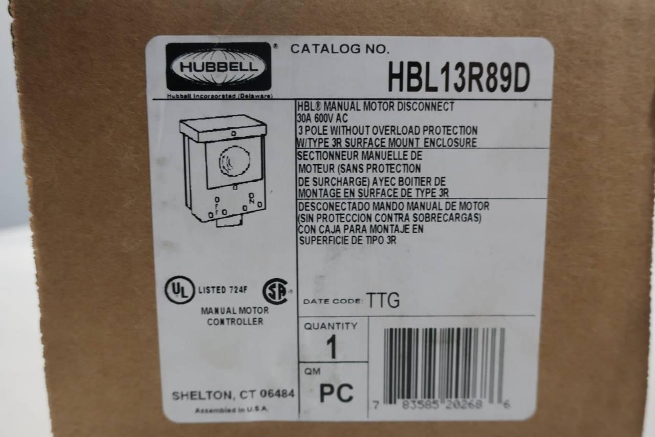 HUBBELL HBL13R89D Manual Motor Disconnect 30A AMP 15HP